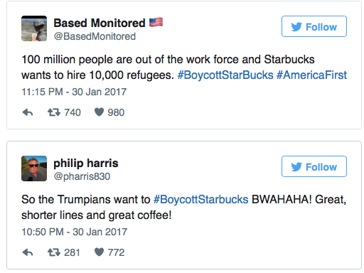
- 100 triệu người Mỹ đang thất nghiệp và Starbucks lại muốn tuyển thêm 10.000 kẻ tỵ nạn. #TaychayStarbuck #UutiennguoiMy

- Những người ủng hộ Trump muốn #TaychayStarbuck! Tuyệt, cà phê ngon và hàng người chờ đợi sẽ ngắn hơn.
